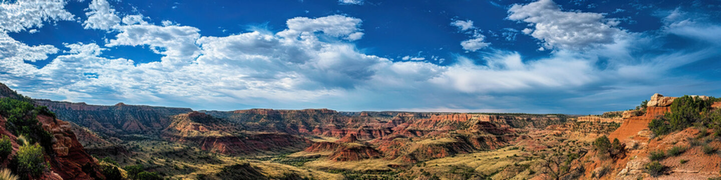 Palo Duro Canyon Vista: A breathtaking panoramic view of the red-walled Palo Duro Canyon from atop a scenic overlook.