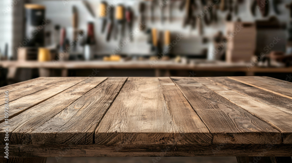 Poster equipment workshop background concept. a rustic wooden table in a workshop, surrounded by various to