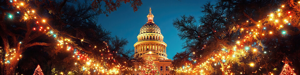 Capitol Building Glory: The ornate Texas State Capitol Building in Austin, lit up at night with festive holiday lights.