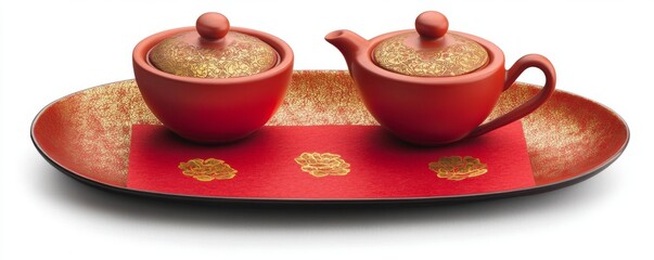 Elegant red tea set with golden accents on decorative tray