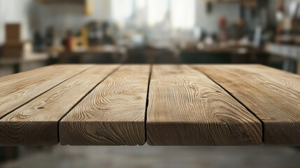 Equipment workshop background concept. A close-up view of a rustic wooden table surface, showcasing its texture in a workshop setting, with blurred background elements.