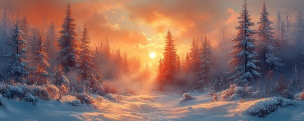 Snow-covered trees in a tranquil winter landscape, serene and natural beauty.
