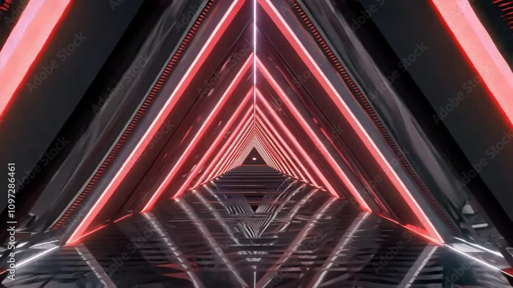 Poster futuristic corridor with glowing red and white lights creates triangular pattern, reflecting on shin