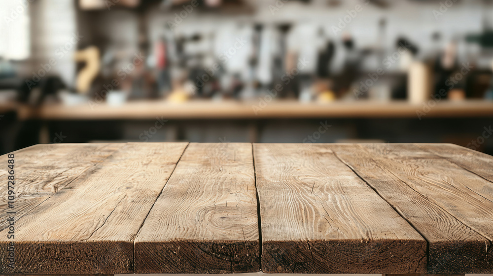 Poster equipment workshop background concept. a close-up view of a rustic wooden table with a blurred works