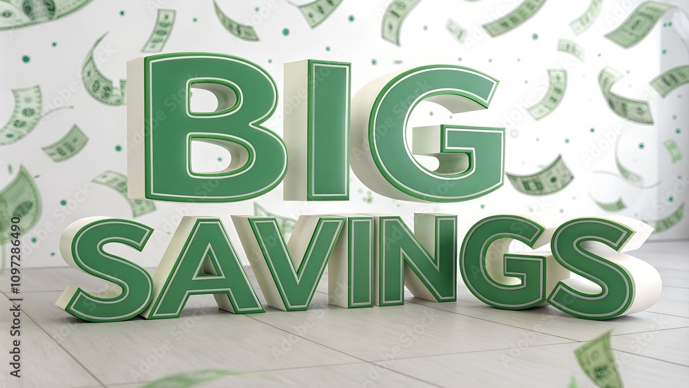 Poster eye-catching 3d text reading 'big savings' set against a backdrop of floating dollar bills, creating