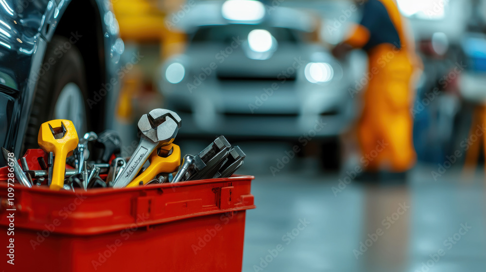 Aufkleber equipment workshop background concept. a red toolbox filled with various tools is in focus, while a 