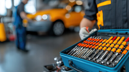 Equipment workshop background concept. A mechanic holds a toolset in a garage, with an orange vehicle in the background, showcasing a professional environment for automotive repairs.