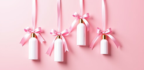 White bottles with pink bows on pastel background