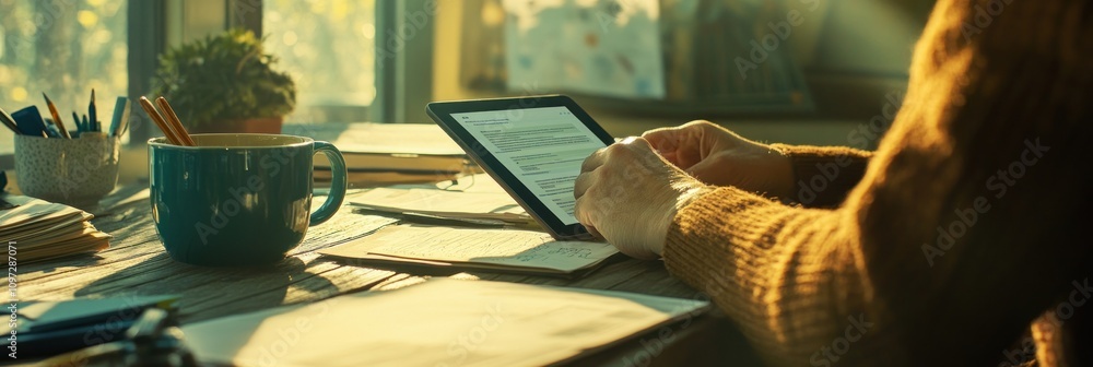 Poster a person using a tablet at a desk with a cup and stationery, enjoying a cozy workspace.
