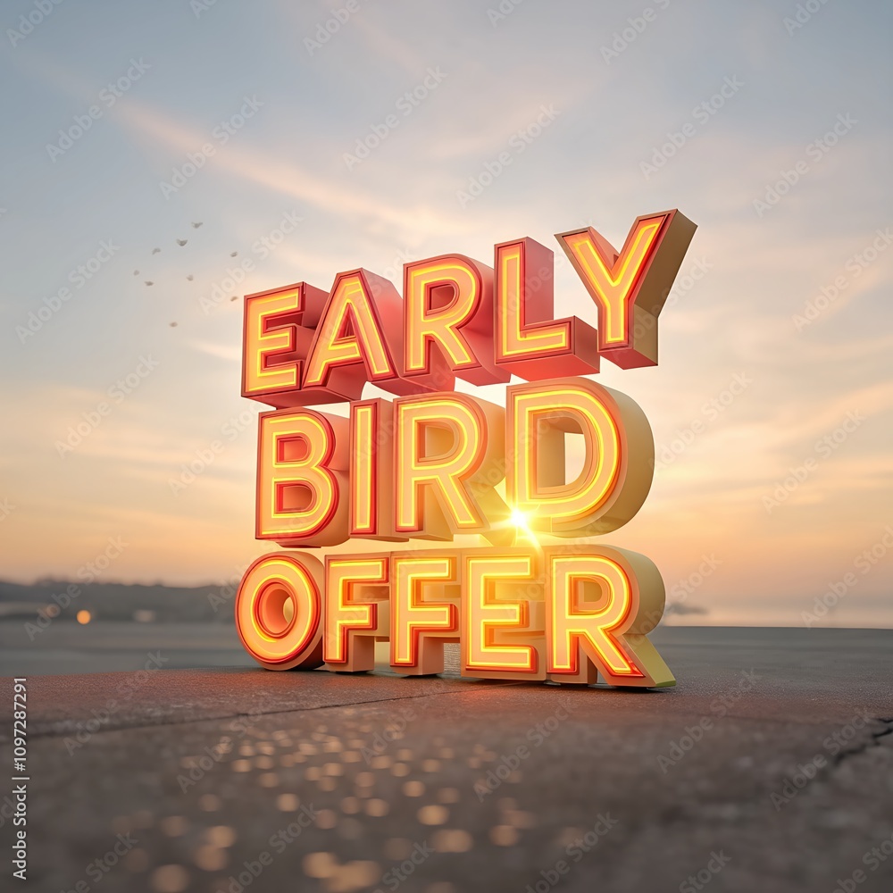 Poster sunset backdrop with large, bold 3d text reading 'early bird offer' casting shadows on an open expan
