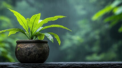 Verdant plant in rustic pot on rainy day