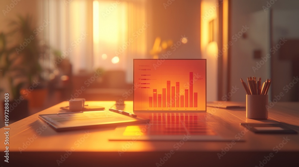 Poster a workspace with a glowing chart, reflecting productivity and analysis in a warm setting.