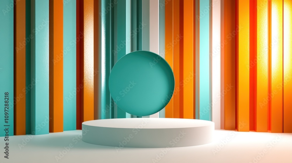 Fototapete A minimalist display featuring a circular object against colorful vertical stripes.