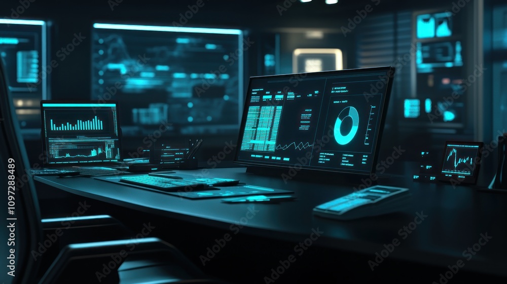 Leinwandbilder A modern workspace featuring advanced technology and data analytics displays.