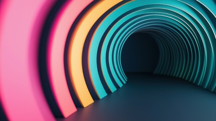 Fototapeta premium A mesmerizing spiral of neon lines in vibrant hues of pink, blue, and green, creating a sense of depth and movement against a dark background.