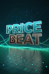 3D text showcasing a 'Price Beat' sales offer, with dynamic lighting and a futuristic theme, set against a dark, high-tech background with glowing teal accents.