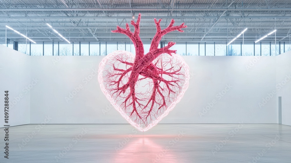 Poster a large scale neon sculpture in the shape of a human heart, its intricate network of tubes pulsing w