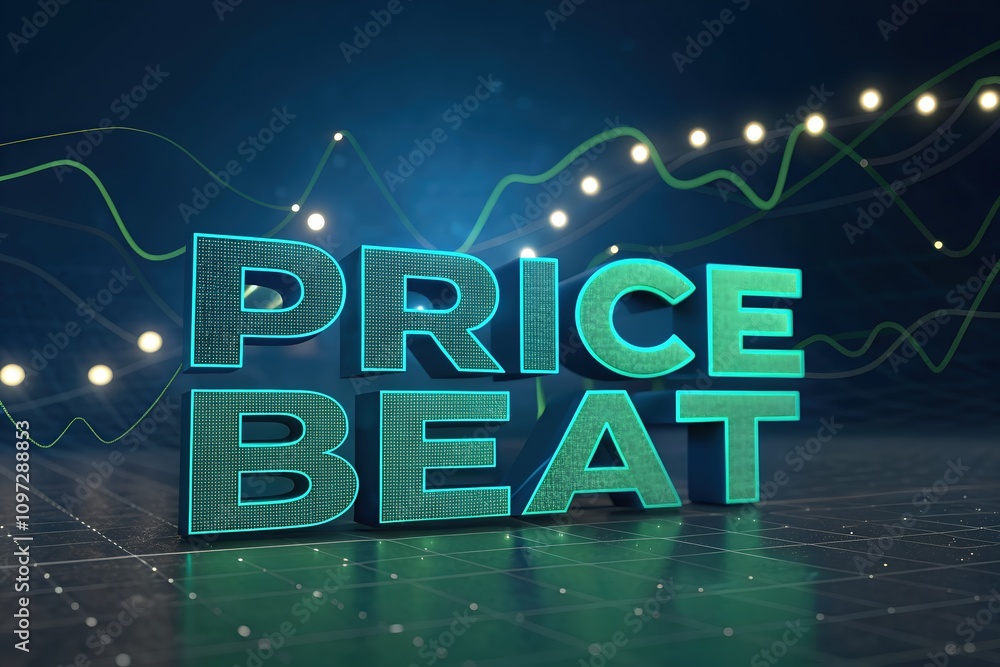 Poster vibrant 3d 'price beat' text on a futuristic background with dynamic graph lines, symbolizing busine