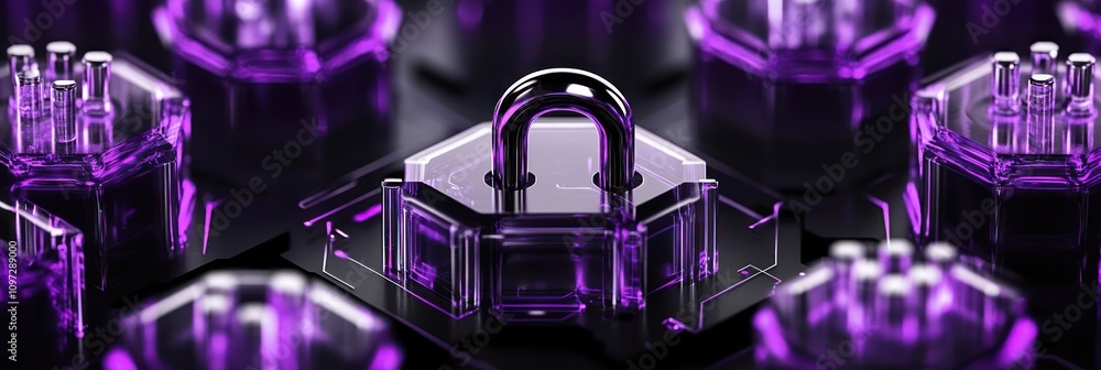 Aufkleber a futuristic lock surrounded by glowing hexagonal shapes, symbolizing security and technology.