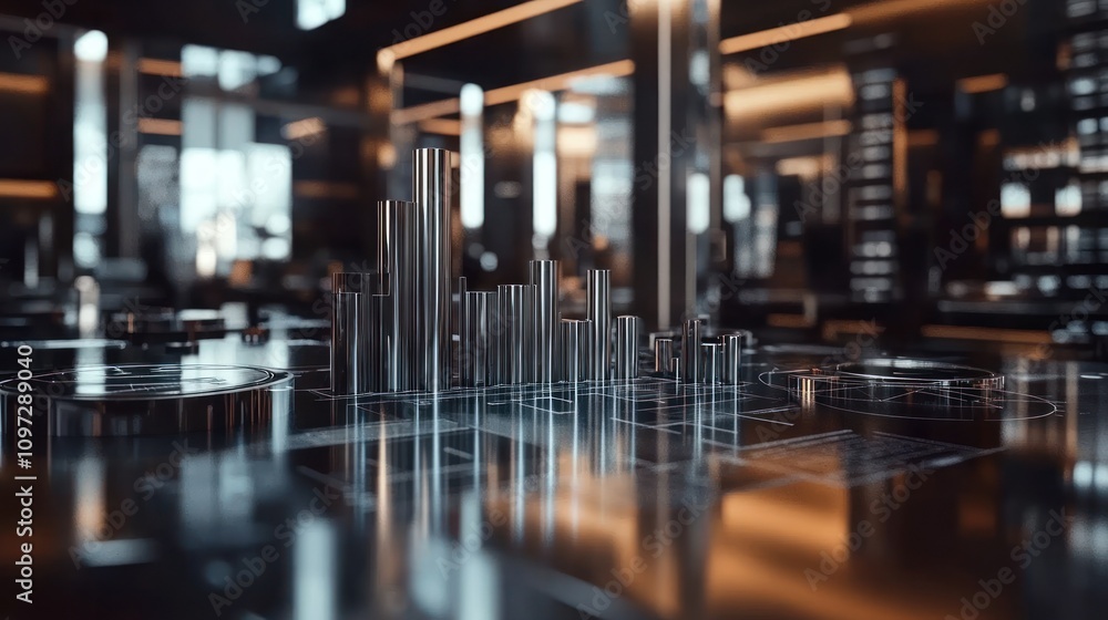 Leinwandbilder A futuristic data visualization scene with metallic structures representing statistical information.
