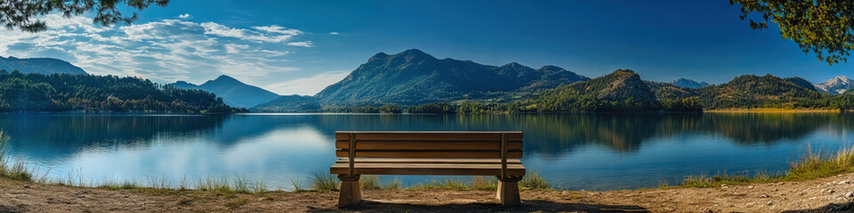 A serene panoramic vista of a peaceful lake and distant mountains, with a simple wooden bench as the focal point.