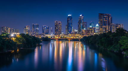 Naklejka premium A panoramic shot of a city skyline lit up at night, with a glowing river reflecting the lights of the city’s towering buildings 
