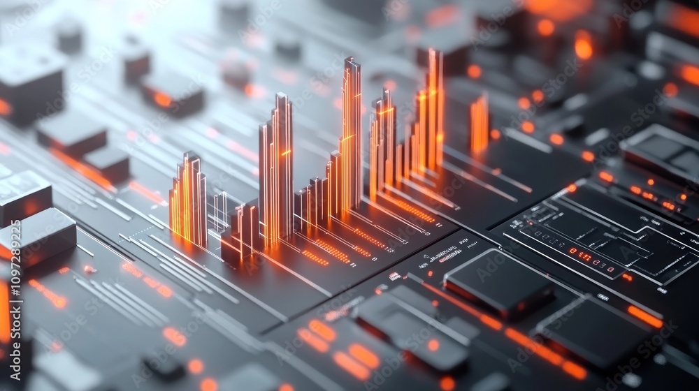 Poster Abstract data visualization with glowing orange peaks on a dark circuit board background.