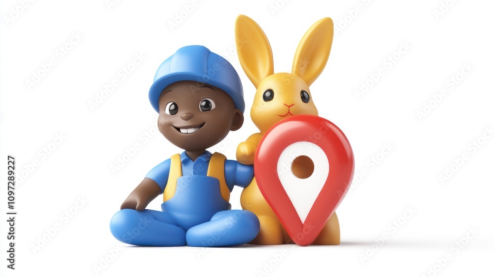 Poster a cheerful cartoon boy with a rabbit and a location pin, suggesting exploration or guidance.