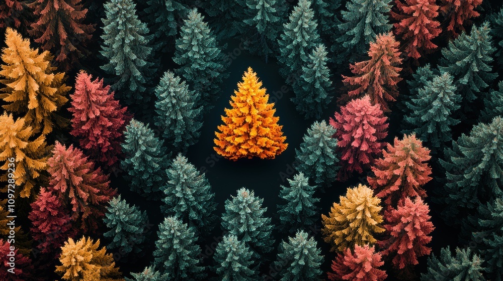 Aufkleber a vibrant autumnal forest scene with a triangular patch of evergreen trees standing out against the 