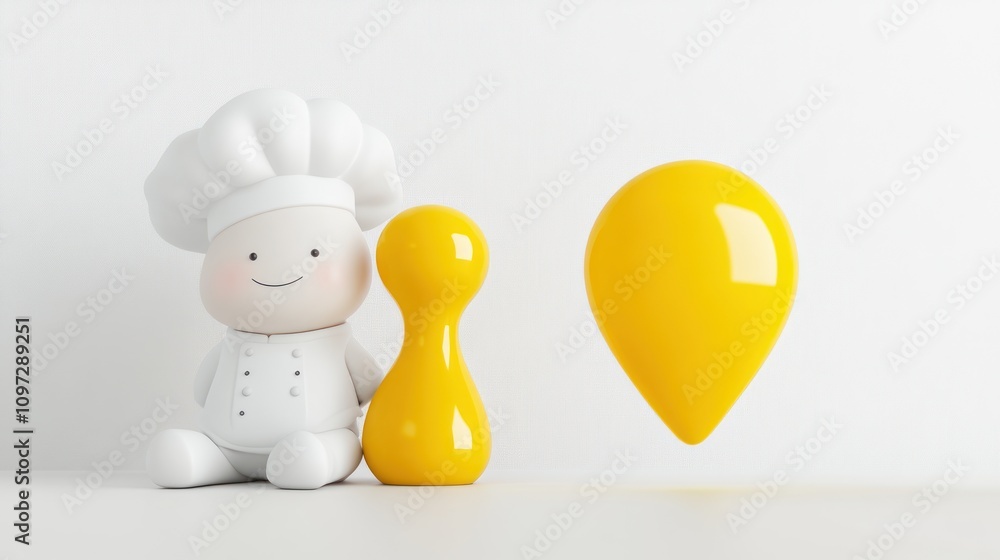 Poster a cheerful cartoon chef figurine next to a yellow condiment bottle and a drop shape.