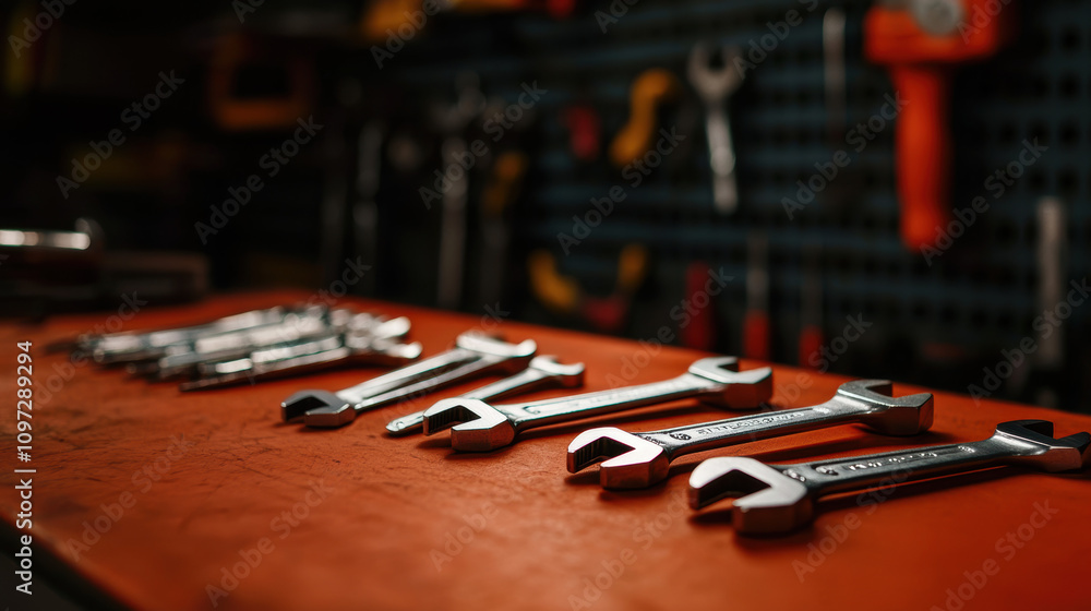 Poster equipment workshop background concept. a row of silver wrenches neatly arranged on an orange workben