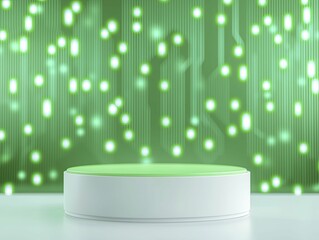 Dynamic contemporary display for money cash flow metrics in vibrant green and white podium, front view focus, with abstract digital patterns in background to convey innovation.