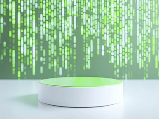 Vibrant green and white podium showcases dynamic metrics for cash flow, highlighted by abstract digital patterns to represent cutting-edge innovation.