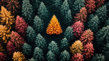 A vibrant autumnal forest scene with a triangular patch of evergreen trees standing out against the backdrop of colorful foliage.