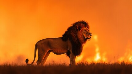 Majestic lion silhouette against fiery sunset on the african savanna