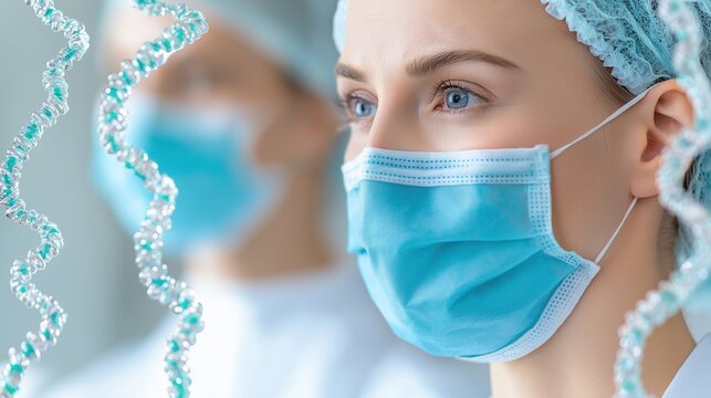 Healthcare professionals in protective masks amidst dna helix visualization - Powered by Adobe