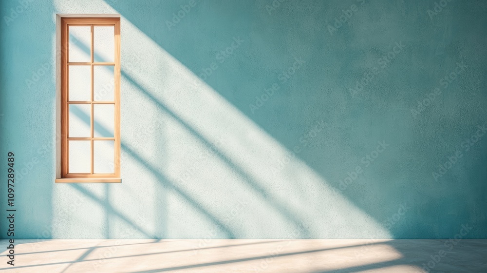 Poster a beam of sunlight shining through a window, casting a triangular shadow on the wall opposite.