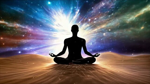 Meditating Figure Radiating Energy in Cosmic Desert Landscape, Sand and Illuminated, Radiant Light in Serene Atmosphere. 4K Animation Video Background