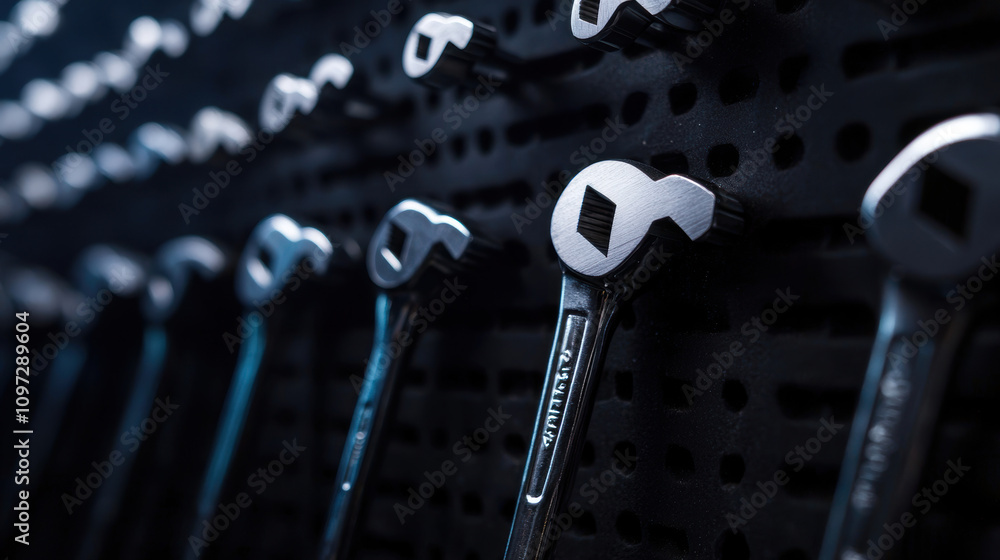 Poster equipment workshop background concept. a close-up view of various metallic tools arranged neatly, hi