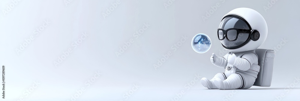 Aufkleber A cute astronaut character sitting and observing a floating bubble in a minimalist setting.
