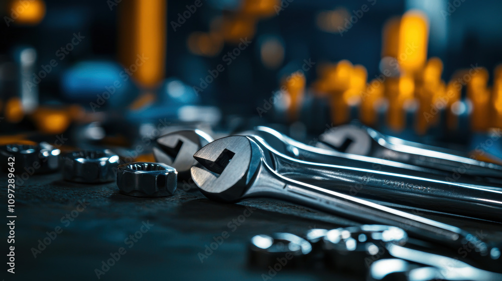 Poster equipment workshop background concept. a close-up of shiny wrenches and nuts arranged on a work surf