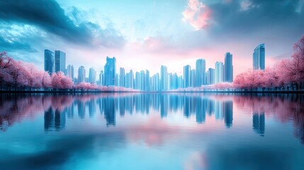 Fototapeta premium A waterfront cityscape at twilight, with the city lights reflecting on the water surface, creating a mesmerizing interplay of light and shadow.