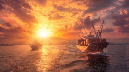 Obraz premium Majestic sunset over ocean with cargo ships and vibrant sky
