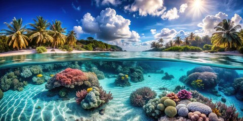 Breathtaking Underwater Scene of Blue Ocean with White Sand and Vibrant Corals, Perfect Bokeh Effect for Stunning Ocean Photography and Natural Beauty Aesthetic