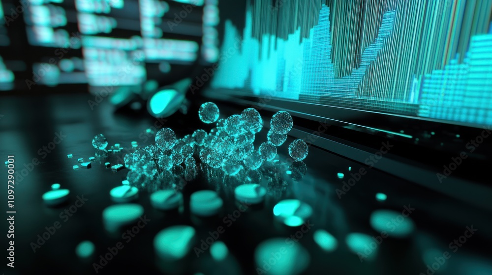 Aufkleber a futuristic digital scene featuring glowing spheres and data visualizations.
