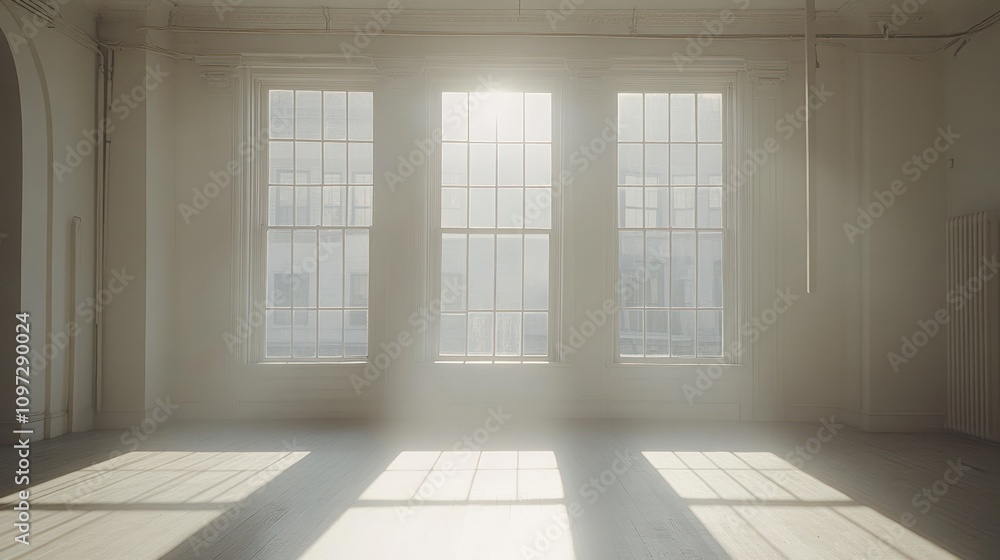 Poster a sunlit, empty room with large windows casting shadows on the floor.