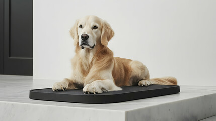 Golden Retriever dog lying on a black rectangular mat indoors on a marble floor.