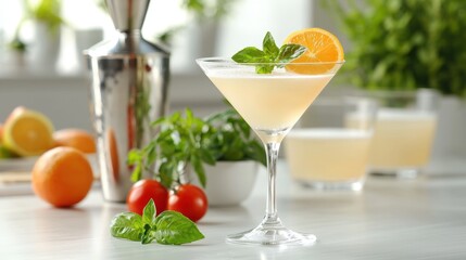 Fototapeta premium Refreshing herbal citrus cocktail with basil and orange garnish in elegant martini glass