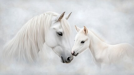 Fototapeta premium Majestic white horses: a tender moment between mare and foal in a misty landscape