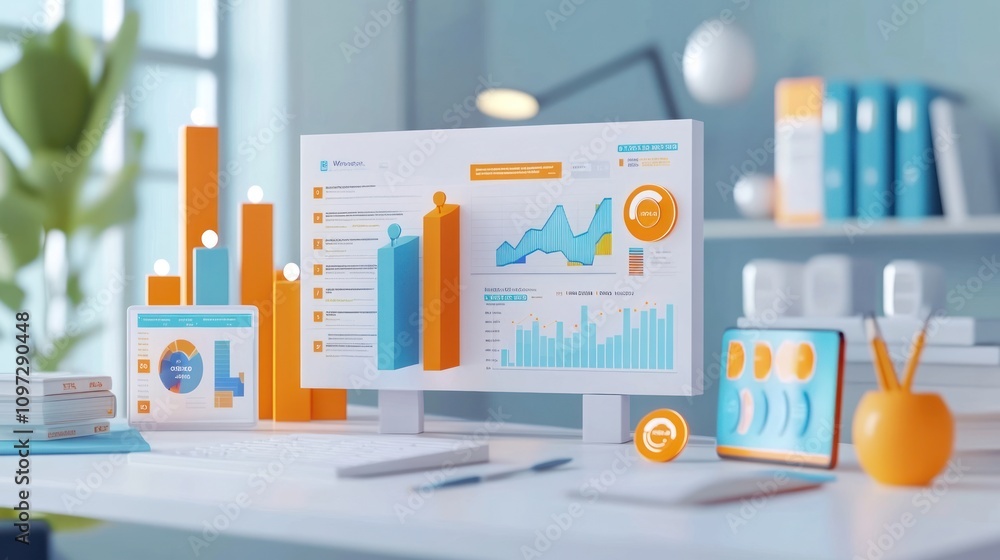 Aufkleber A modern workspace featuring data visualization on screens and charts.